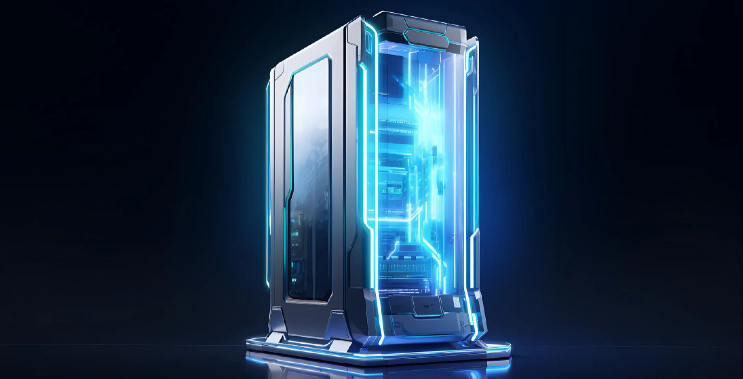 Futuristisches PC- oder Servergehäuse mit blauer Neonbeleuchtung – Rapidrepair Spezialist für High-End PC- und Serversysteme
